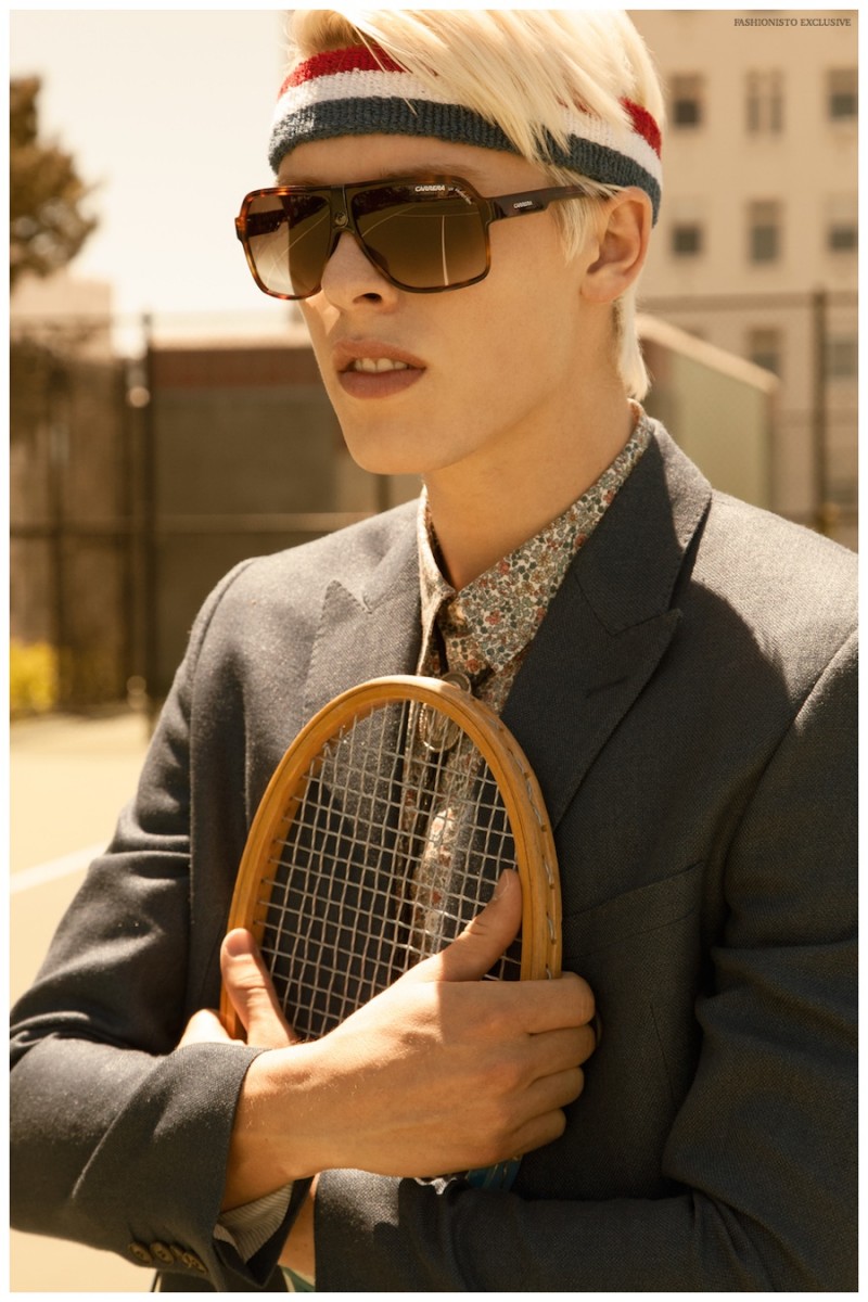 August wears double-breasted jacket Brioni from Bloomingdales SF, shirt APC from Bloomingdales SF, sunglasses Carrera from Bloomingdales SF, headband American Apparel and vintage bolo tie from Wastelands SF.