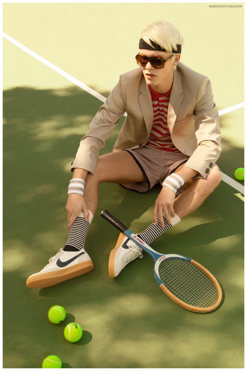 August wears headband American Apparel, blazer Paul Smith from Bloomingdales SF, polo shirt Burberry from Bloomingdales SF, wristbands American Apparel, vintage shorts from Wastelands SF, shoes NIKE, socks Happy socks and sunglasses Carrera from Bloomingdales SF.