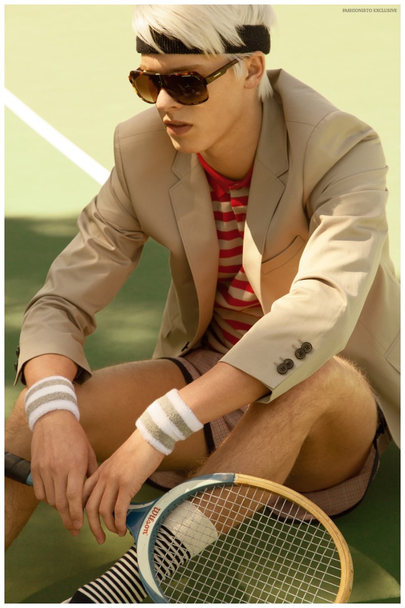 August wears headband American Apparel, blazer Paul Smith from Bloomingdales SF, polo shirt Burberry from Bloomingdales SF, wristbands American Apparel, vintage shorts from Wastelands SF, socks Happy socks and sunglasses Carrera from Bloomingdales SF.