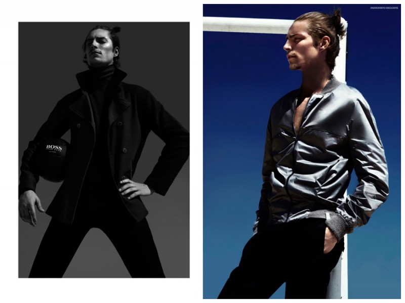 Left: Timothee wears coat RCHL, sweatshirt American Apparel, pants Calvin Klein. Right: Timothee wears jacket Pedro Lourenço and pants H&M. 