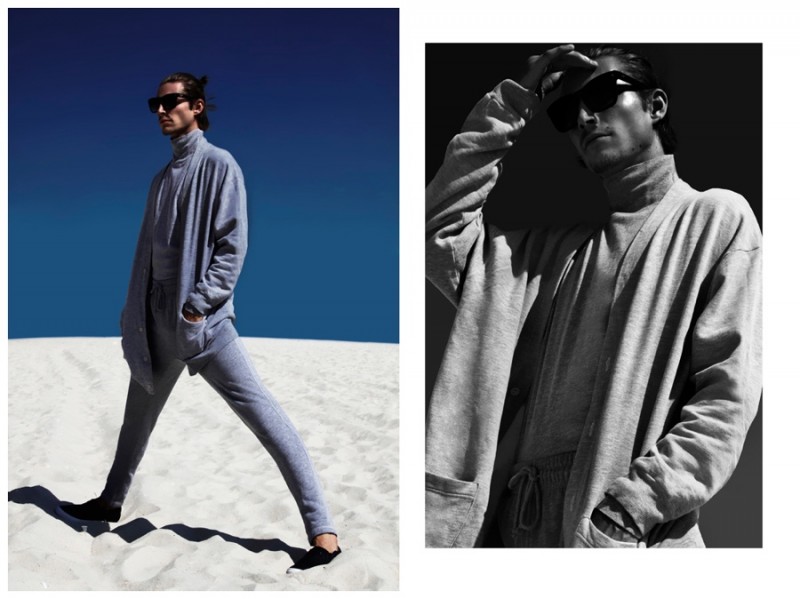 Timothee wears cardigan Zara, turtleneck American Apparel, pants Calvin Klein, shoes Guess and sunglasses Prada.