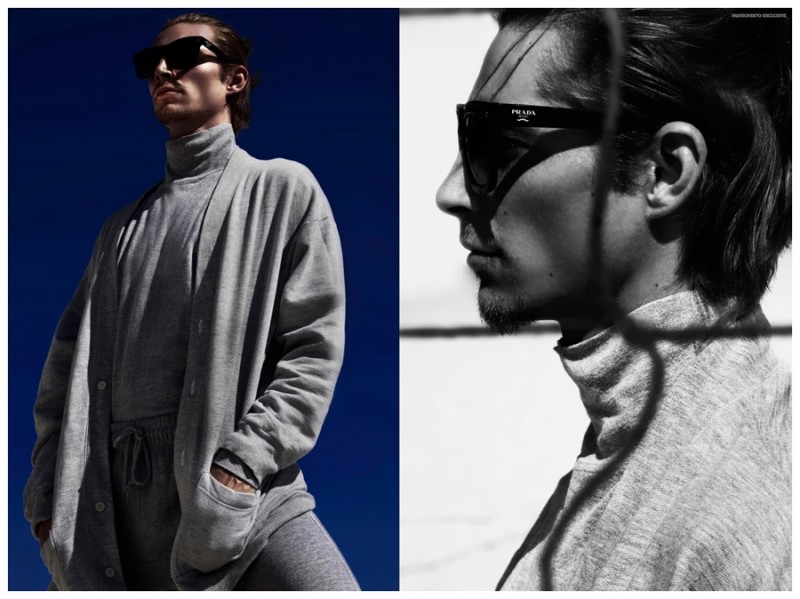 Timothee wears cardigan Zara, turtleneck American Apparel, pants Calvin Klein and sunglasses Prada.
