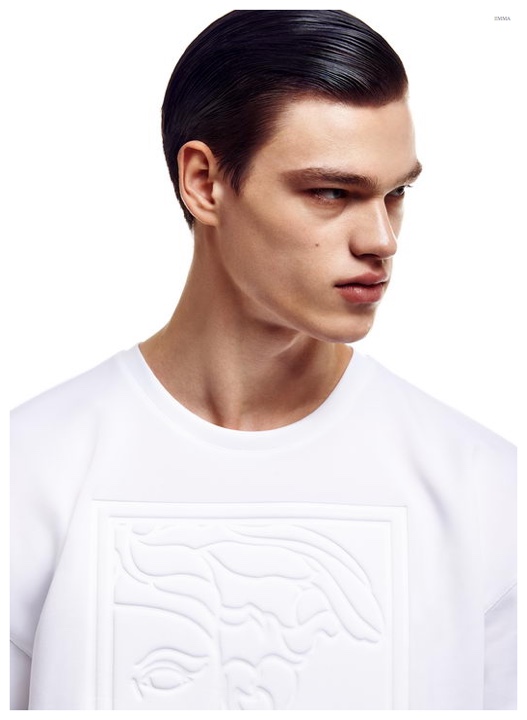 Summer White: Filip Hrivnak wears a serene top from Versace.