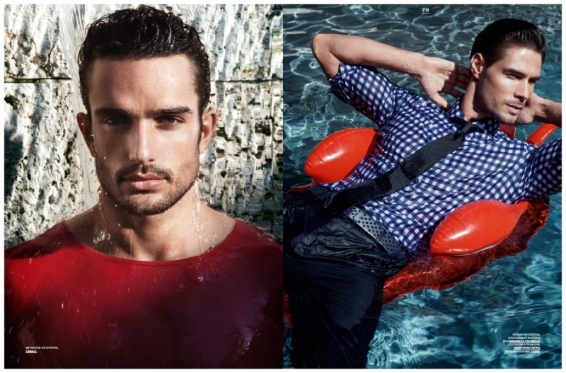 Andre Costa (left) poses in a red Canali top while Sahib (right) goes for a swim.