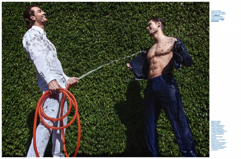 Dressed in white Havana-inspired Versace, Ryan Heavyside (left) sprays Sahib (right) with a hose.