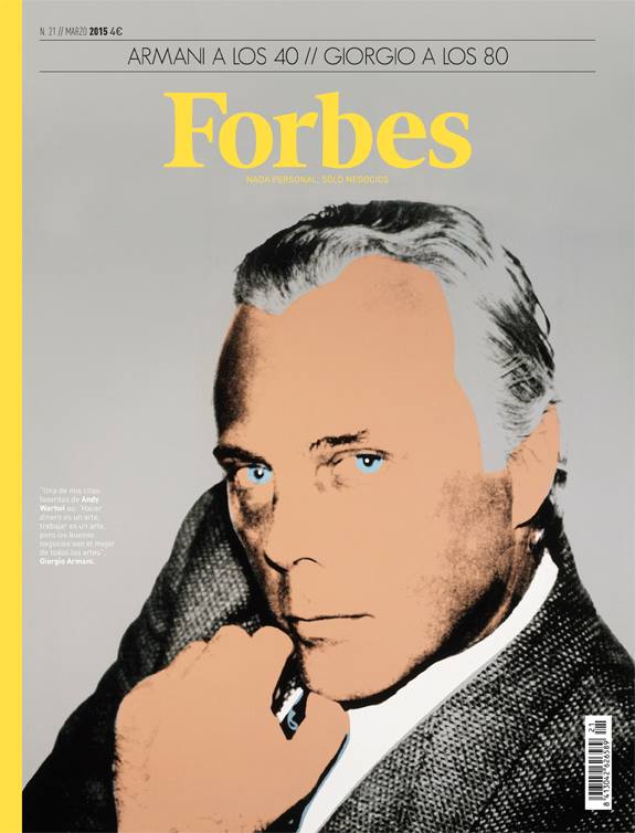 Celebrating the 40 year anniversary of Giorgio Armani, Forbes Spain delivers a flattering illustration of the Italian designer for its March 2015 cover.