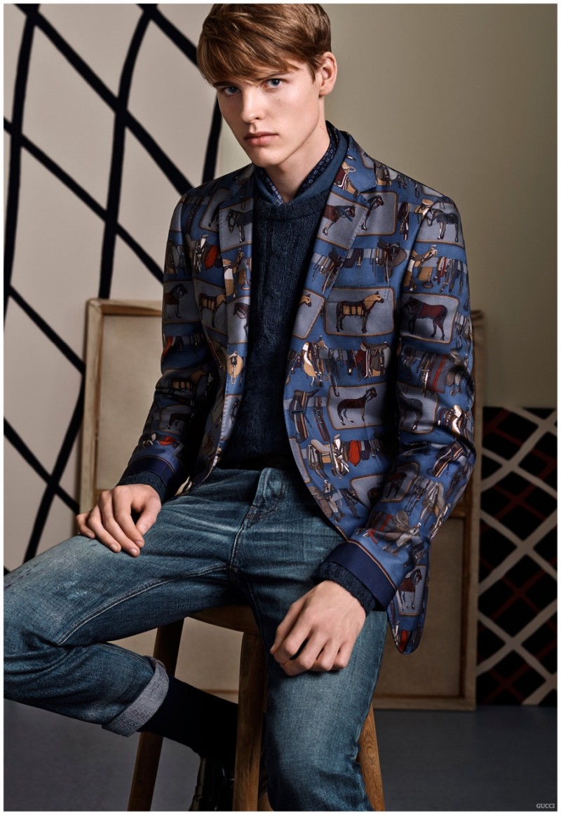 Offering a fun take on the blazer, the tailored jacket is adorned with prints.