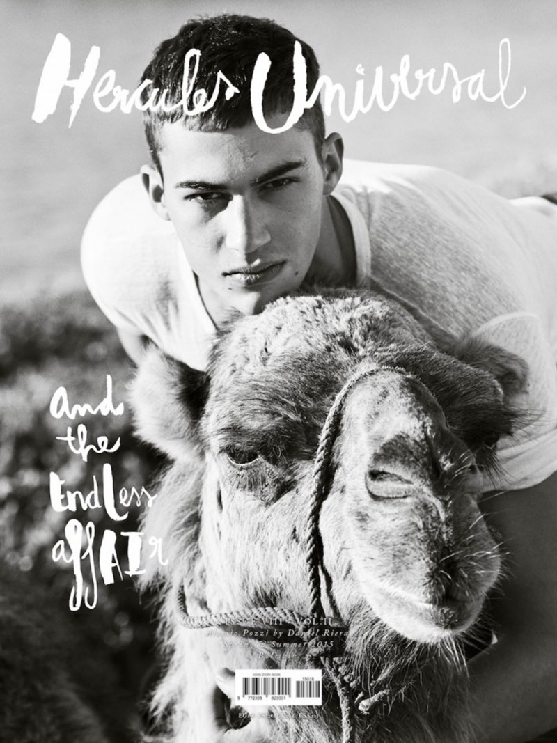 Italian model Alessio Pozzi poses with a camel for the spring-summer 2015 cover of Spanish magazine Hercules Universal. Photo by Daniel Riera. Styling by Francesco Sourigues.