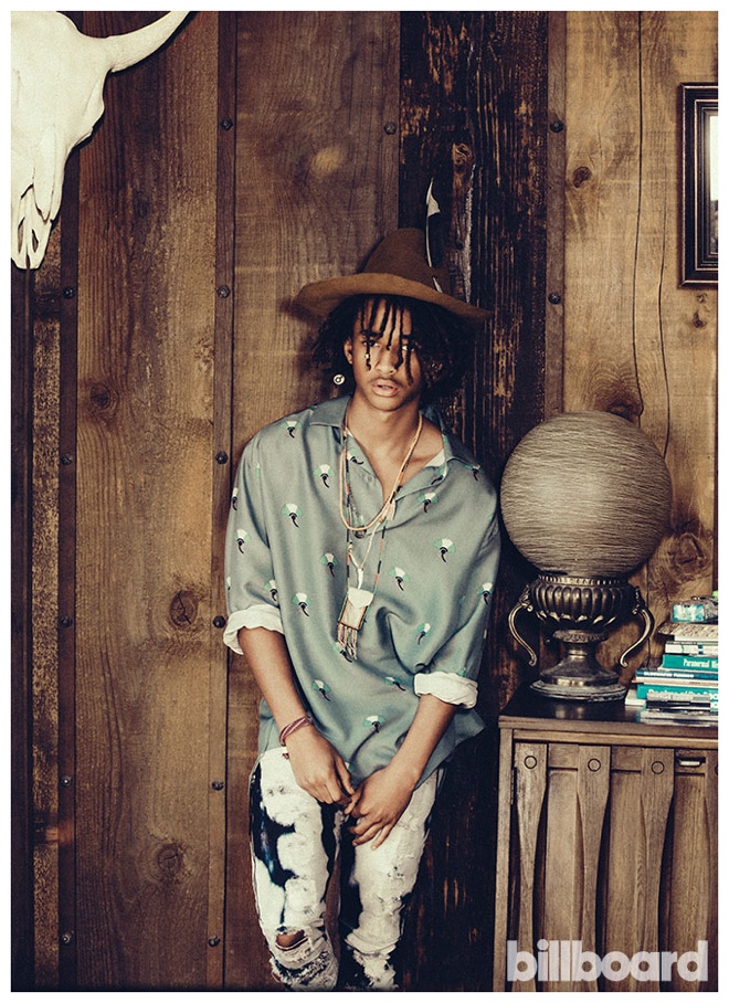 Jaden Smith wears Valentino shirt, Mr. Completely denim jeans, Cannonball and Tilly Vintage felt hat, What Goes Around Comes Around beaded necklace and Etro necklaces.