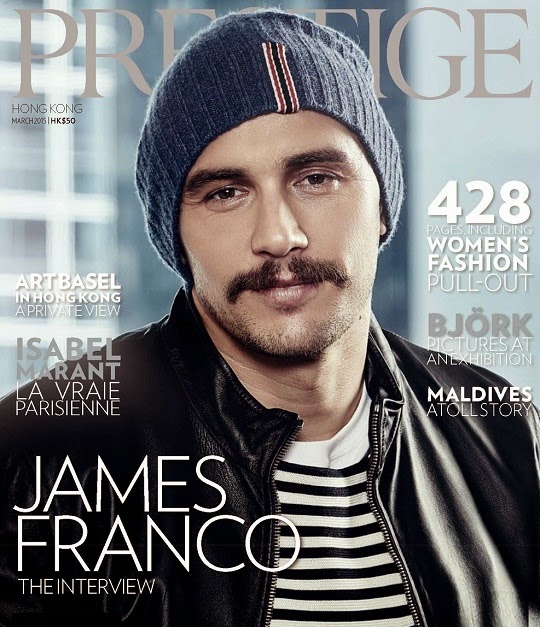 Photographed with a mustache, James Franco covers the March 2015 issue of Hong Kong Prestige.