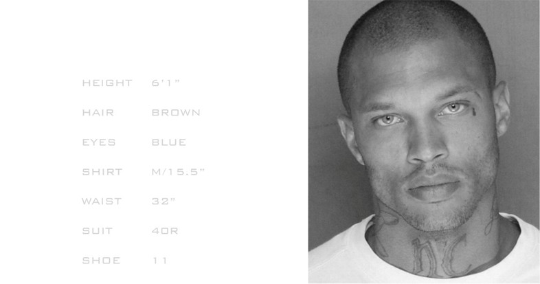 Jeremy Meeks' model comp card with White Cross Management.