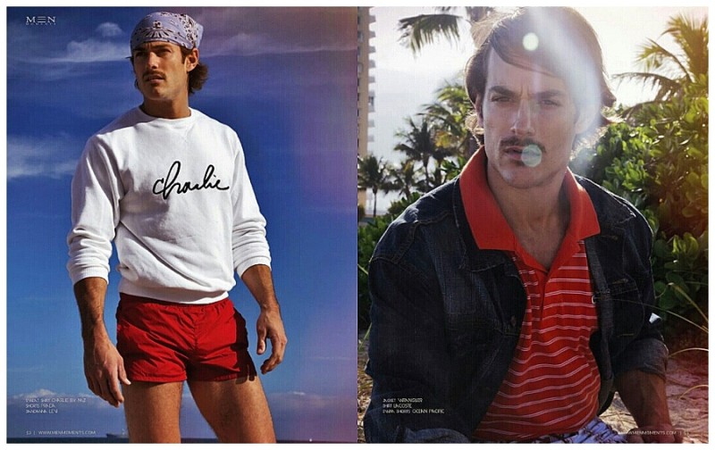 Left: John Kenney hits the beach in red Prada shorts with a Charlie by Matthew Zink sweatshirt. Right: John is comfortable in an iconic Lacoste polo shirt, paired with a denim jacket.
