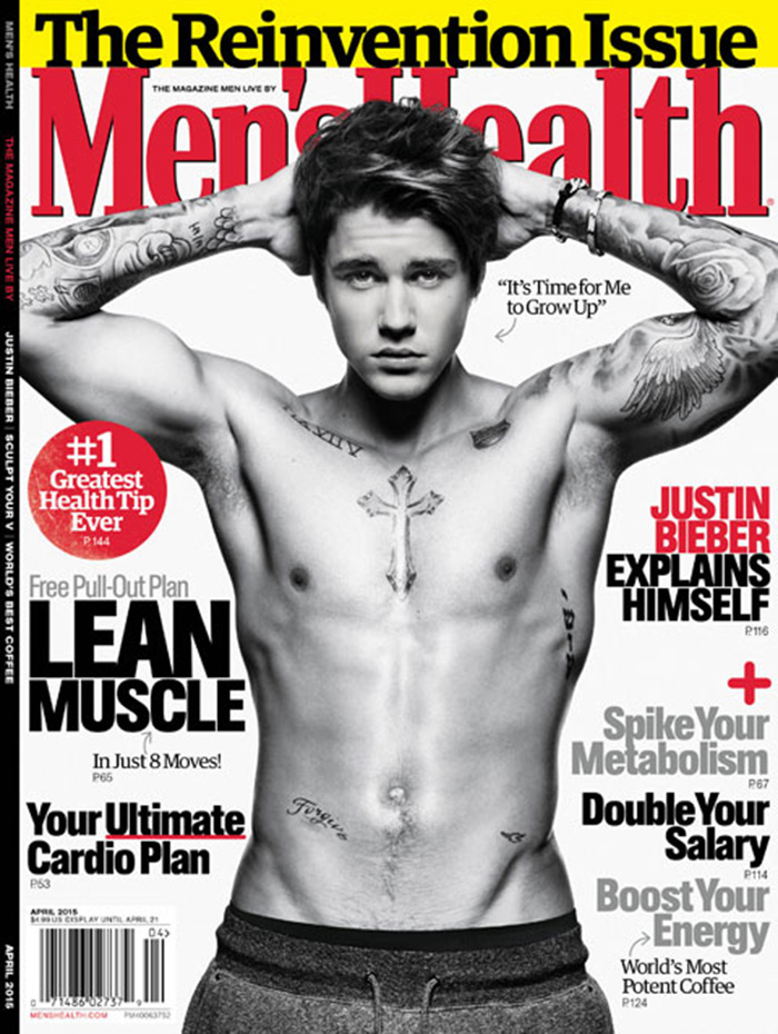 Justin Bieber poses shirtless for the April 2015 cover of Men's Health.