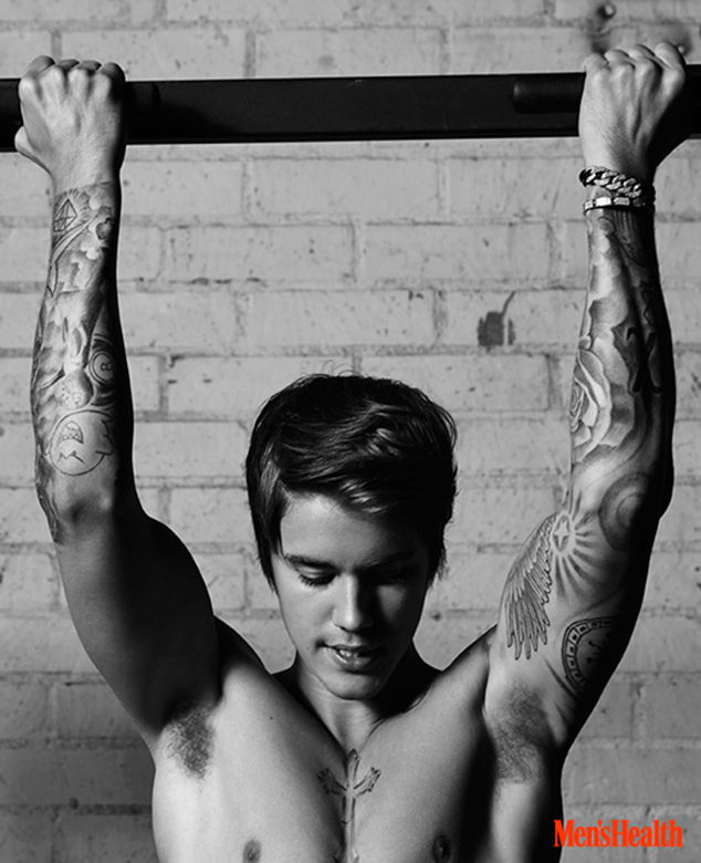 Justin Bieber does a pull-up. » Justin Bieber Goes Shirtless for Men's Health April 2015 Cover Shoot, Talks Maturing + Hitting the Gym Justin Bieber does a pull-up.