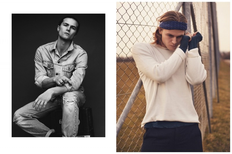 Pictured left, Kristoffer slicks his hair back into a ponytail and sports a denim on denim look.