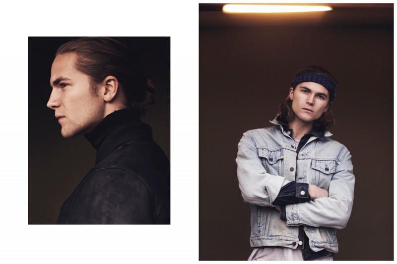 Wearing a makeshift headband, Kristoffer is pictured right in layered denim jackets.
