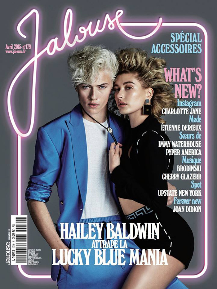 Joined by Hailey Baldwin, model Lucky Blue Smith wears his signature color as he covers the April 2015 issue of Jalouse magazine.