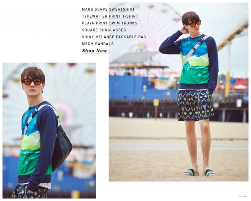 Model Gryphon O'Shea is ready for the beach in a surfer inspired look from Marc by Marc Jacobs.