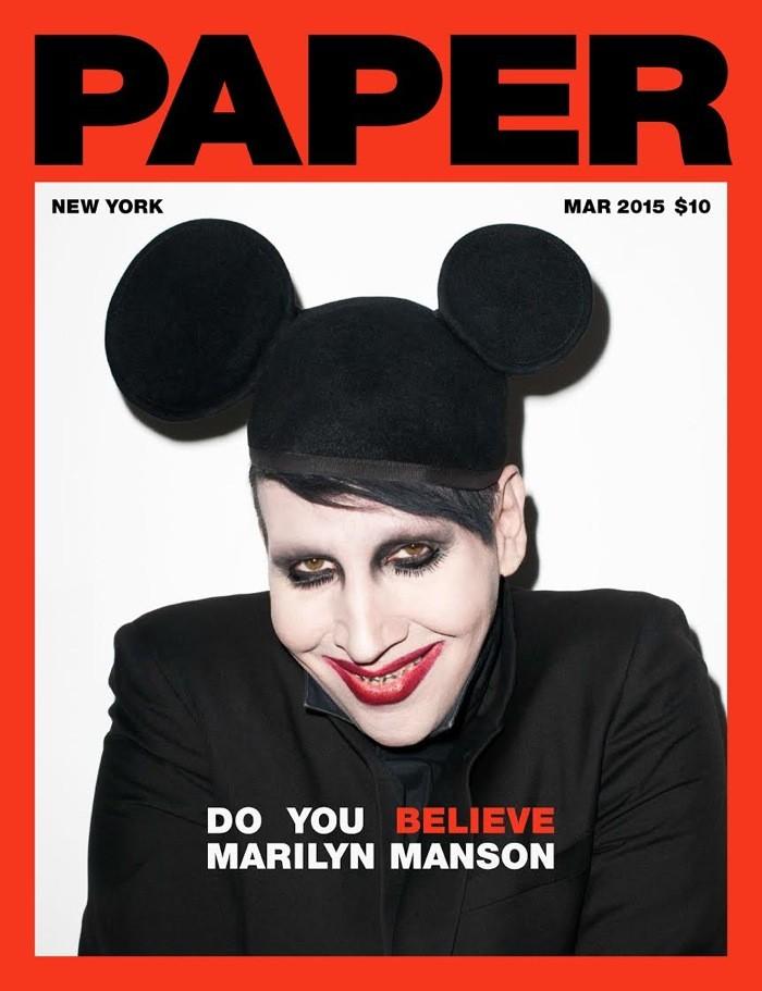 Donning Mickey Mouse ears, singer Marilyn Manson is photographed by Terry Richardson for Paper magazine's March 2015 issue.