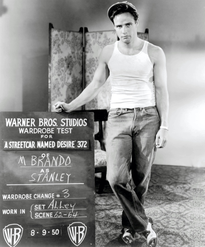 Actor Marlon Brando poses for a wardrobe test for 1951's "A Streetcar Named Desire." Portraying Stanley Kowalski, Brando wears a wife beater and jeans. » Marlon Brando Young: The Making of a Hollywood Icon Actor Marlon Brando poses for a wardrobe test for 1951's "A Streetcar Named Desire." Portraying Stanley Kowalski, Brando wears a wife beater and jeans.
