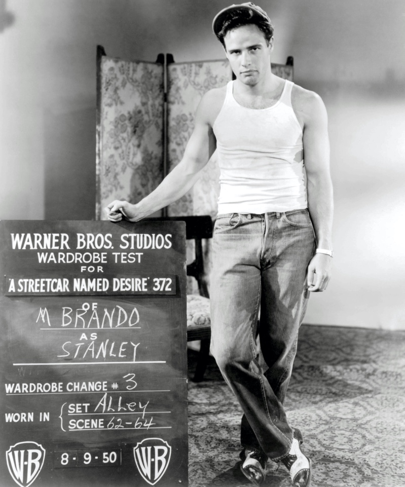 Actor Marlon Brando poses for a wardrobe test for 1951's "A Streetcar Named Desire." Portraying Stanley Kowalski, Brando wears a wife beater and jeans.