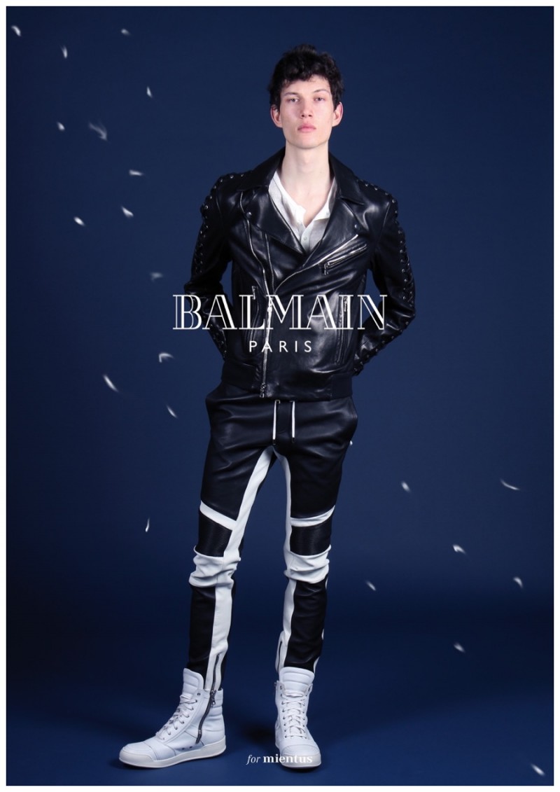 Lukas Ziegele is moto-chic in a black and white leather look from Balmain.