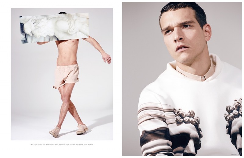 While Alessio Pozzi goes nude in Calvin Klein, Alexandre Cunha rocks a graphic sweatshirt from Neil Barrett.