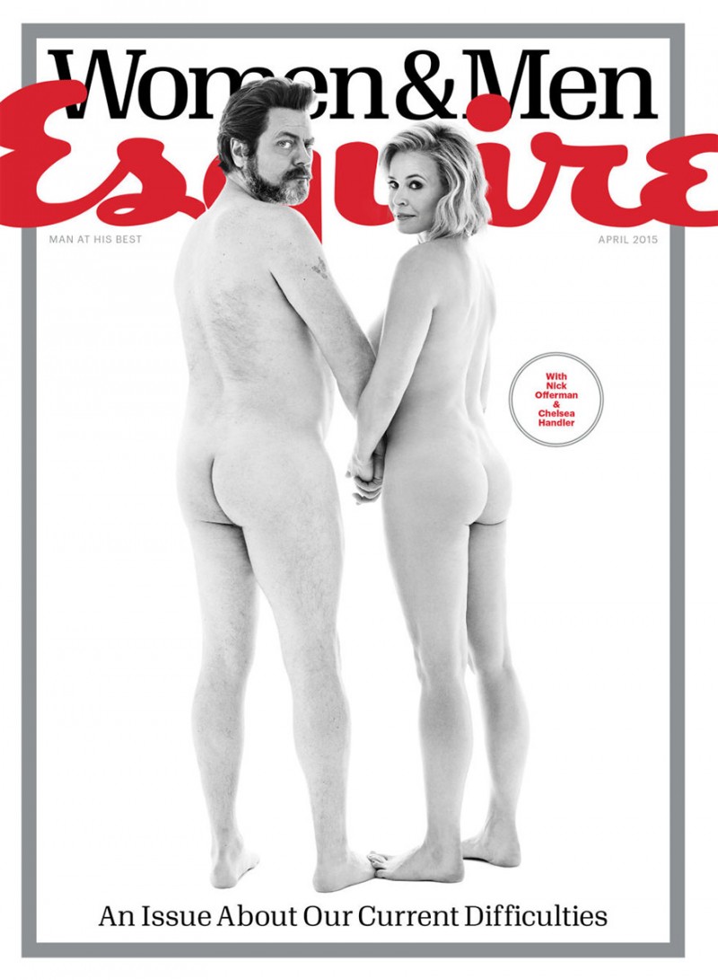 Actor Nick Offerman joins television personality Chelsea Handler for the April 2015 issue of Esquire, photographed by Robert Trachtenberg.