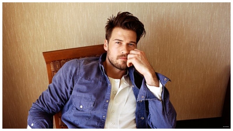 Nick Zano wears denim shirt Chimala and henley Ann Demeulemeester.