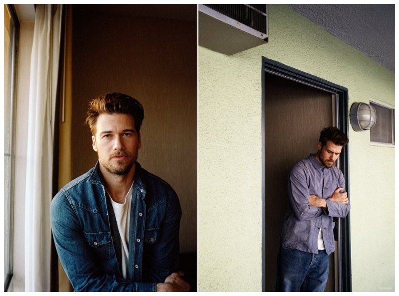 Left: Nick Zano wears denim shirt Saint Laurent, t-shirt Levi's Vintage Clothing and jeans Chimala. / Right: Zano wears denim shirt Chimala and henley Ann Demeulemeester.