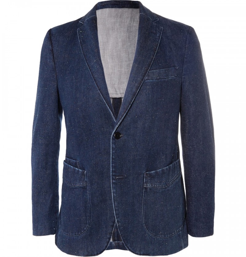 Denim Trend Pick: Looking for a way to incorporate denim into a more tailored way of dressing? Officine Generale solves the problem with its slim-fit selvedge denim suit jacket, available at Mr Porter.