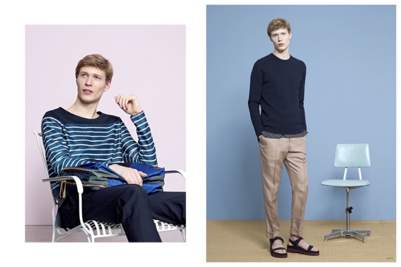 Left: PAUL SMITH Striped Panel Top MARNI x PORTER Tanker Briefcase VALENTINO Bonded Pyjama Trousers Right:  ACNE STUDIOS Lang Knitted Sweater PAUL SMITH Leaf Print Overshirt VALENTINO Silk Pyjama Trousers VALENTINO Studded Sandals