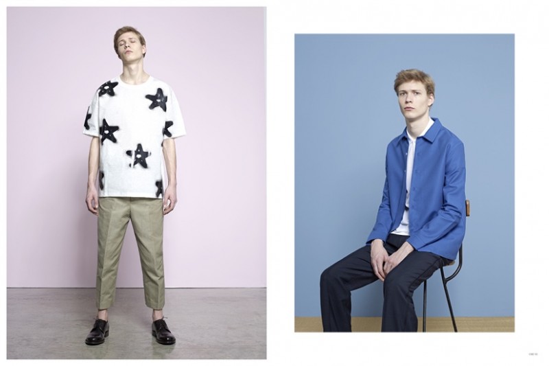 Left:  ACNE STUDIOS Ewan T-Shirt ACNE STUDIOS Zooty Cotton Trousers RAF SIMONS Leather Lace-Up Shoes Right: AMI Cotton Blend Overshirt SUNSPEL Jersey Polo Shirt MARC JACOBS Pleated Trousers