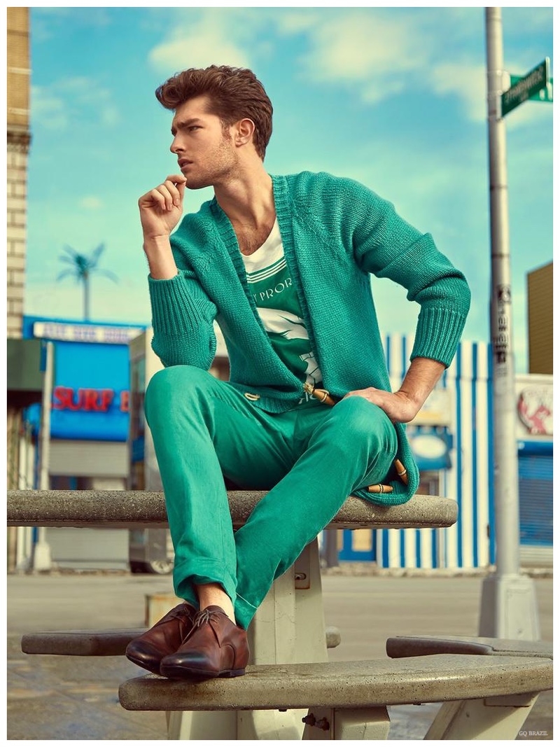 Teal Overdose: Paolo Anchisi wears a look from the spring collection of Burberry Prorsum.