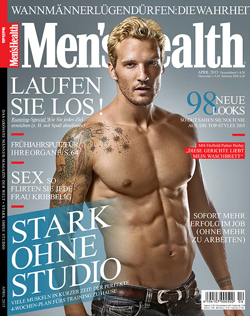 Photographed by Byron Keulemans, a shirtless and noticeably blond Parker Hurley covers the April 2015 edition of Men's Health Germany.