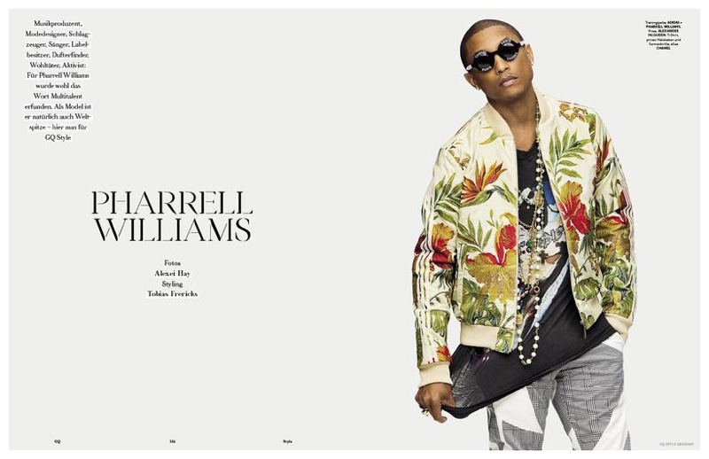 Delivering an edgy cool, Pharrell wears Chanel accessories.