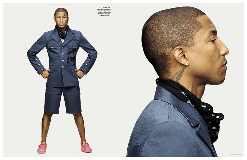 Pharrell rocks a short suit from Comme des Garçons.