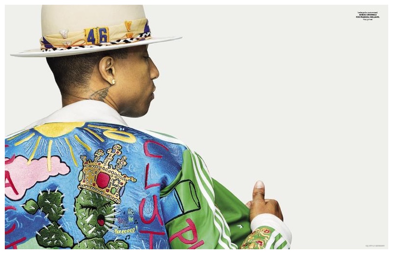Detailed shot of Pharrell's Adidas Originals jacket.