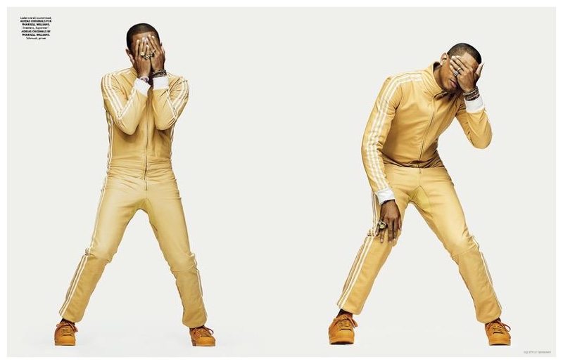 Pharrell goes for the gold in an Adidas Originals tracksuit from his collection.