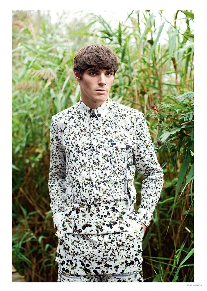 RJ Mitte embraces a bold printed ensemble for spring.