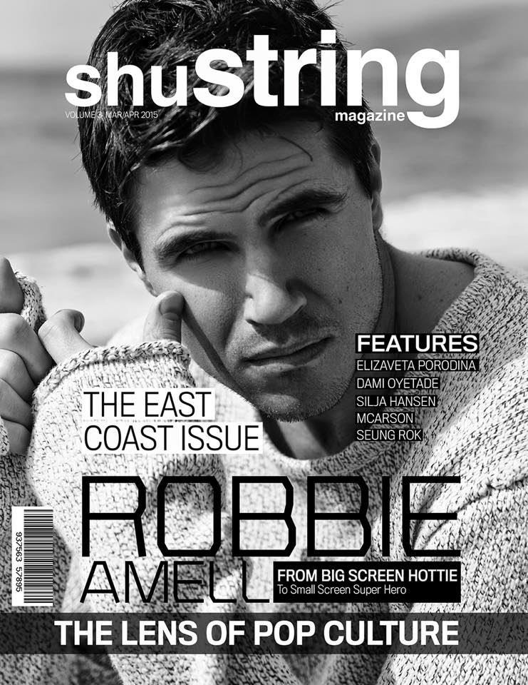 Robbie Amell covers the March/April 2015 issue of ShuString magazine as he hits the beach for a black & white photo.