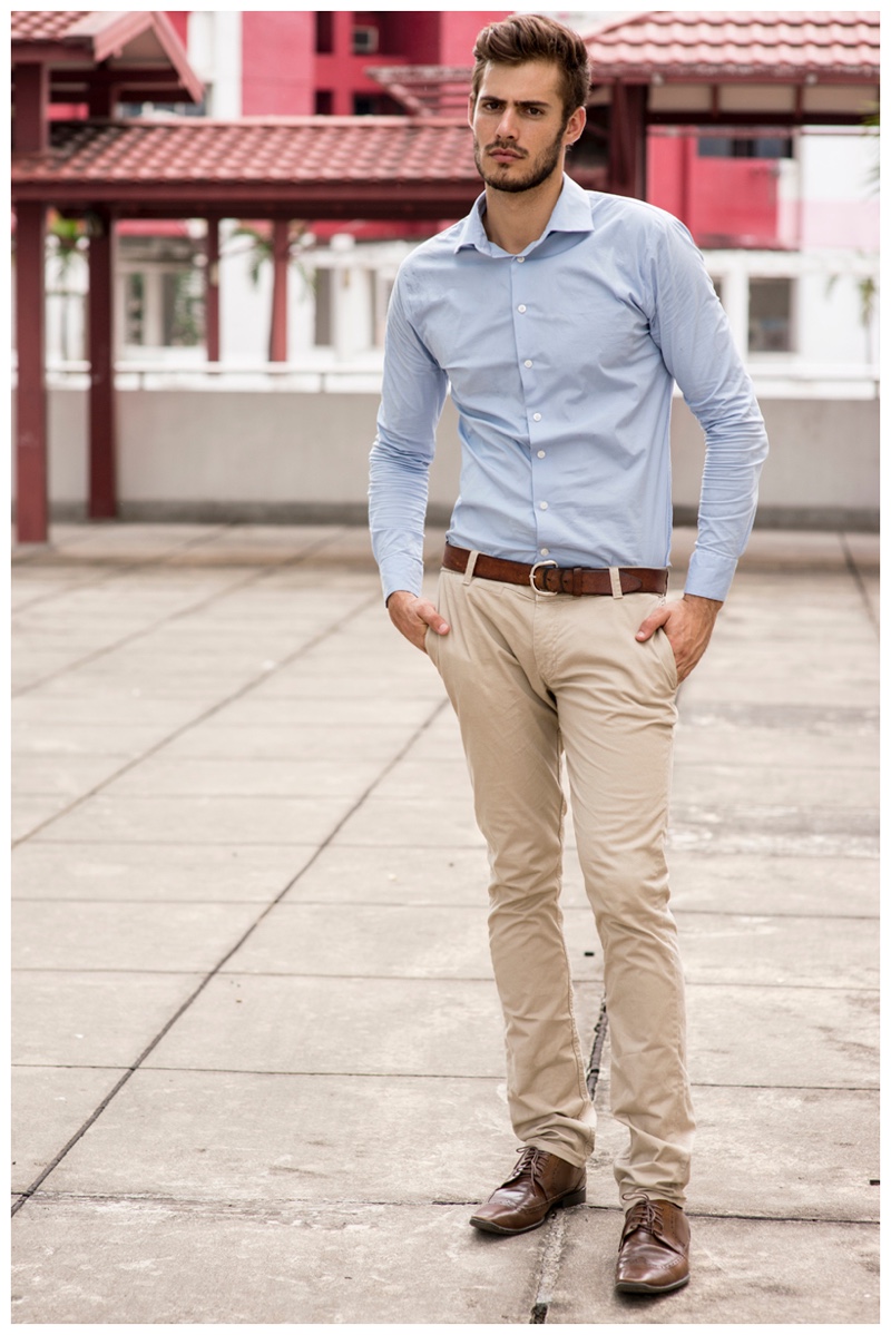 Roelof Theunissen cleans up in a classic oxford shirt and slim-cut khakis.