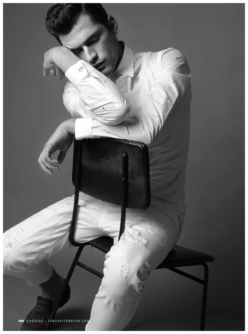 White Outlook: Embracing slim lines, Sean O'Pry is a standout in a white ensemble.