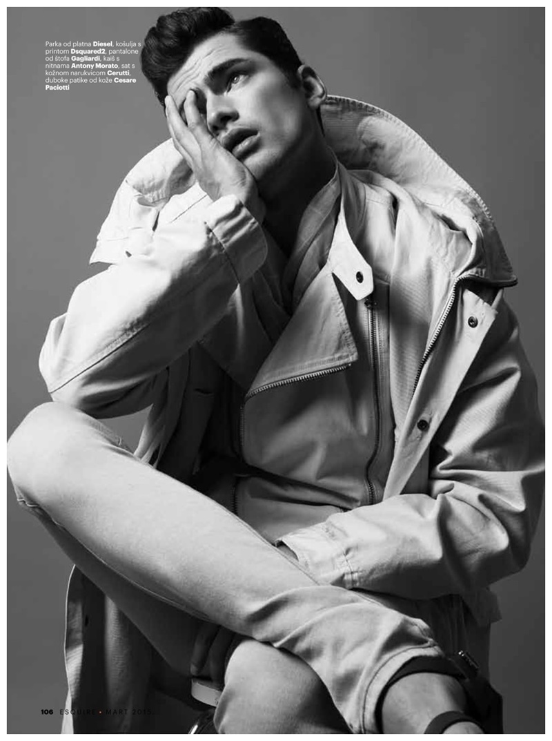 Wearing a parka from Diesel, Sean O'Pry delivers the perfect pose.