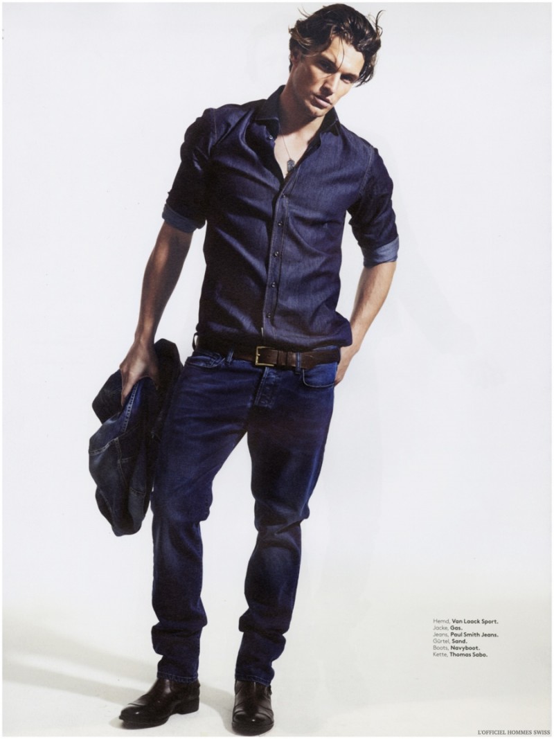 Shaun DeWet sports a trendy denim on denim look for L'Officiel Hommes Swiss.