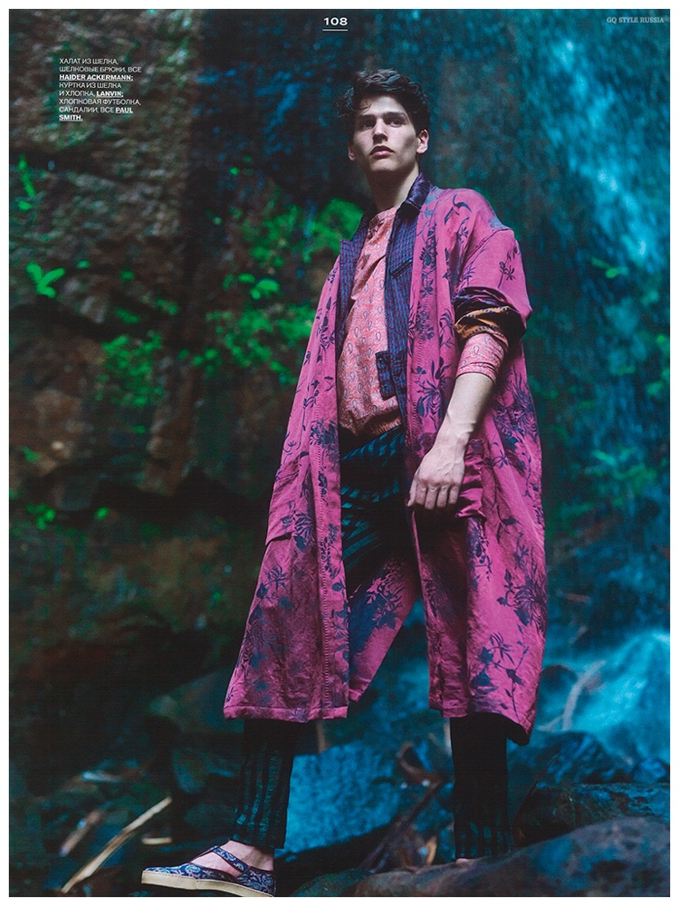 Prints and vivid colors are mixed as Simon Van Meervenne dons an oversized robe-cut coat from Haider Ackermann.