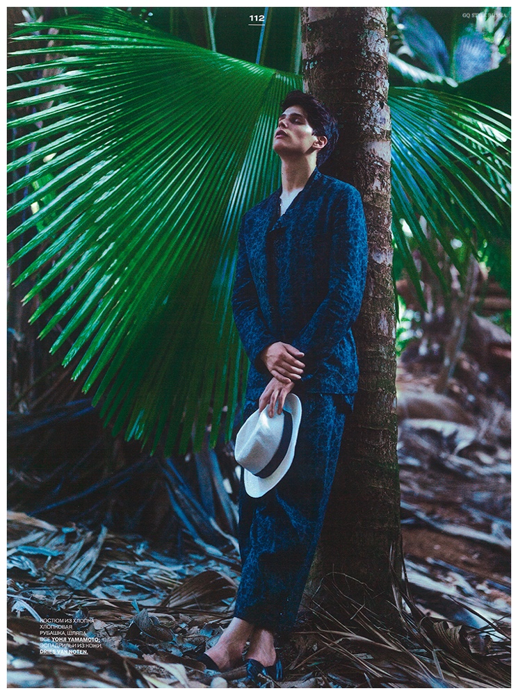 Simon Van Meervenne dons a blue printed number from Japanese designer Yohji Yamamoto.