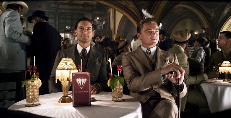 Actors Tobey Maguire and Leonardo DiCaprio don elegant suits for 2013's The Great Gatsby.