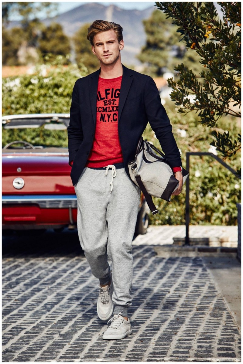 RJ King models a smart joggers look from Tommy Hilfiger.