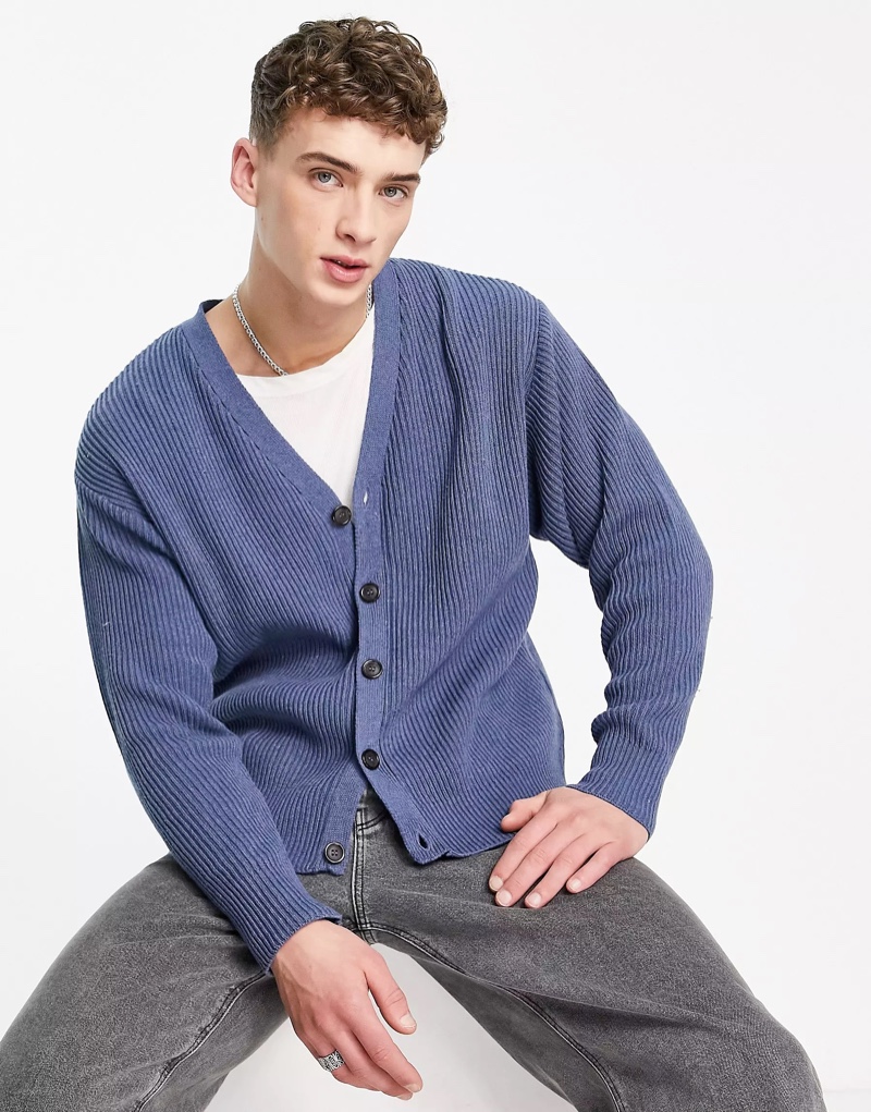 Topman Cotton Blend Oversized Knit Cardigan Blue